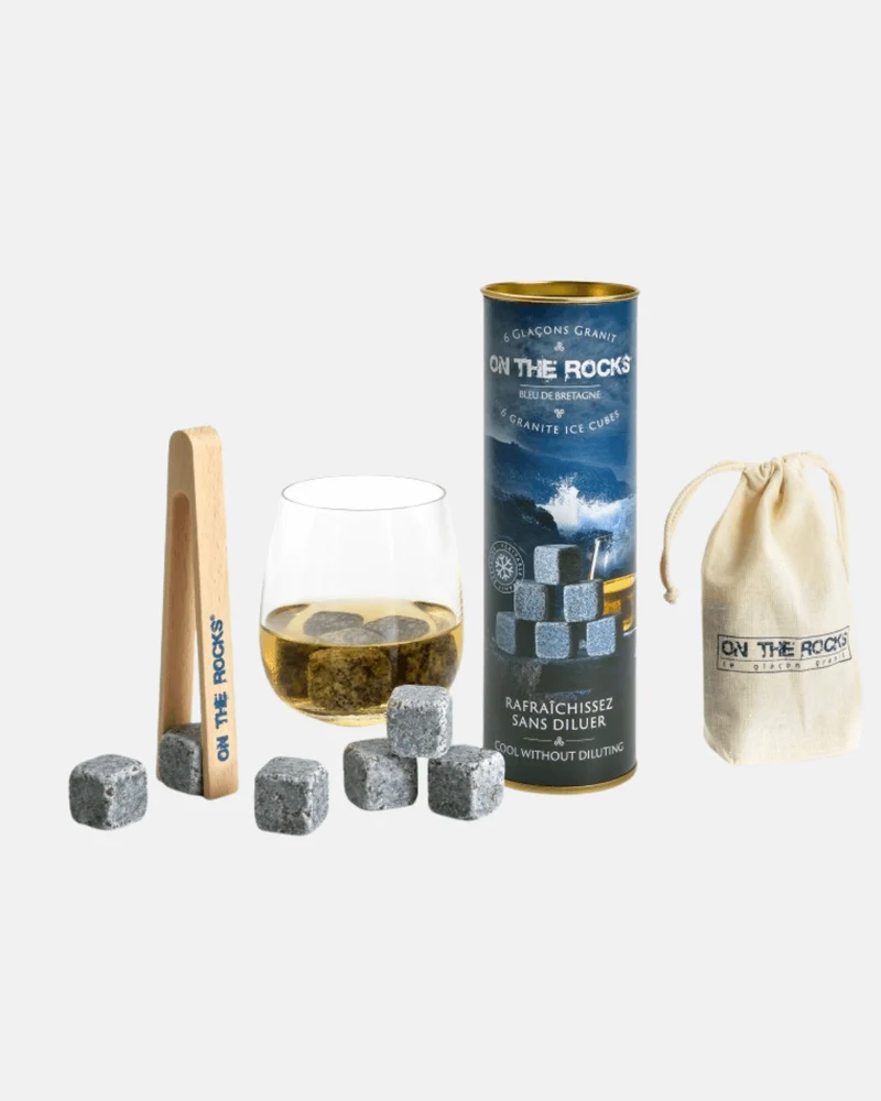 Coffret pierres à whisky/boisson – 6 glaçons en granit bleu de Bretagne