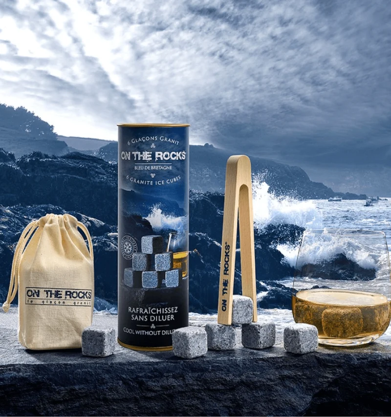 Coffret pierres à whisky/boisson – 6 glaçons en granit bleu de Bretagne