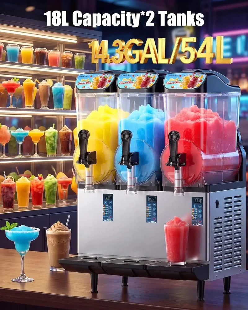 GSEICE 14.3 Gal Commercial Slushie Machine, 18L Triple Tank Margarita Smoothie Frozen Drink Maker, for Parties, Restaurants, Cafes, Bars, Automatic Cleaning | RLZ18*3