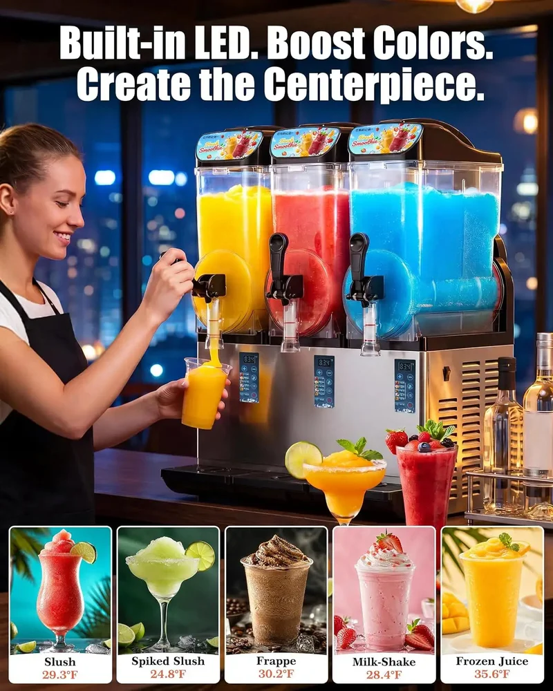 GSEICE 14.3 Gal Commercial Slushie Machine, 18L Triple Tank Margarita Smoothie Frozen Drink Maker, for Parties, Restaurants, Cafes, Bars, Automatic Cleaning | RLZ18*3