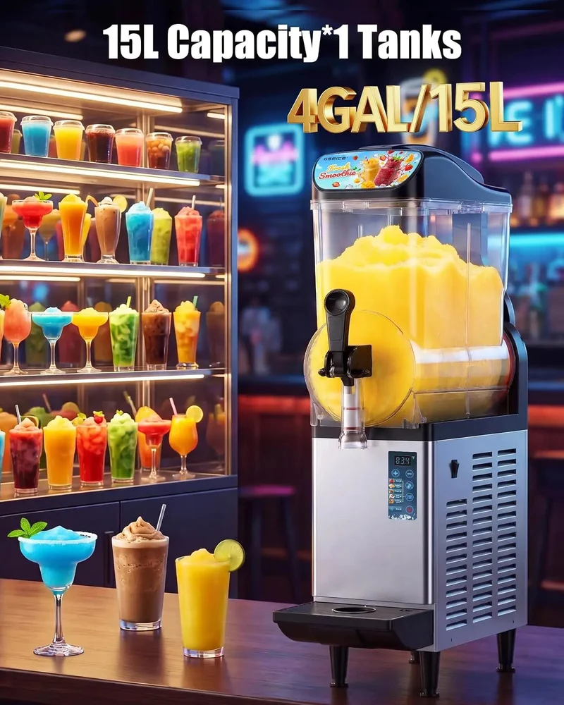 GSEICE 4 Gal Commercial Slushie Machine, 15L Single Tank Margarita Smoothie Frozen Drink Maker for Party, Restaurants, Cafe, Bars, Automatic Cleaning | RLZ15*1