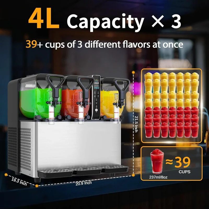 GSEICE RLC4*3 Commercial Slushie Machine, 1.05 Gallons x 3 Tank Frozen Margarita Machine with LED Lights for Business Birthday Party, 580W Slushy Machine with Auto Clean for Margaritas Frozen Cocktails