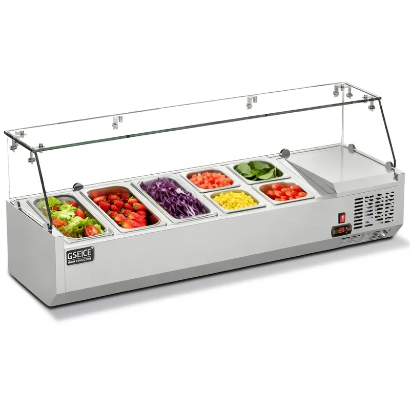 GSEICE Countertop Refrigerated Salad Prep Station, 304 Stainless Steel Topping Chiller with Tempered Glass Sneeze Guard & Removable GN Pans for Salad Bar Fruit Topping | VRX1400
