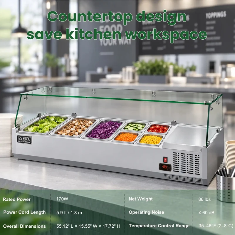 GSEICE Countertop Refrigerated Salad Prep Station, 304 Stainless Steel Topping Chiller with Tempered Glass Sneeze Guard & Removable GN Pans for Salad Bar Fruit Topping | VRX1400