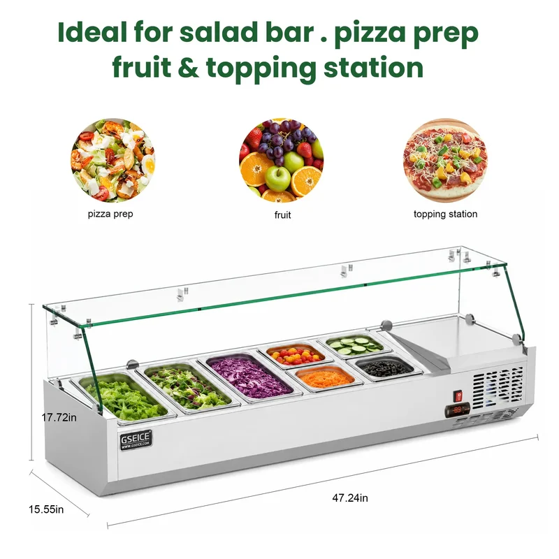 GSEICE Countertop Refrigerated Salad Prep Station, 304 Stainless Steel Topping Chiller with Tempered Glass Sneeze Guard & Removable GN Pans for Salad Bar Fruit Topping | VRX1400