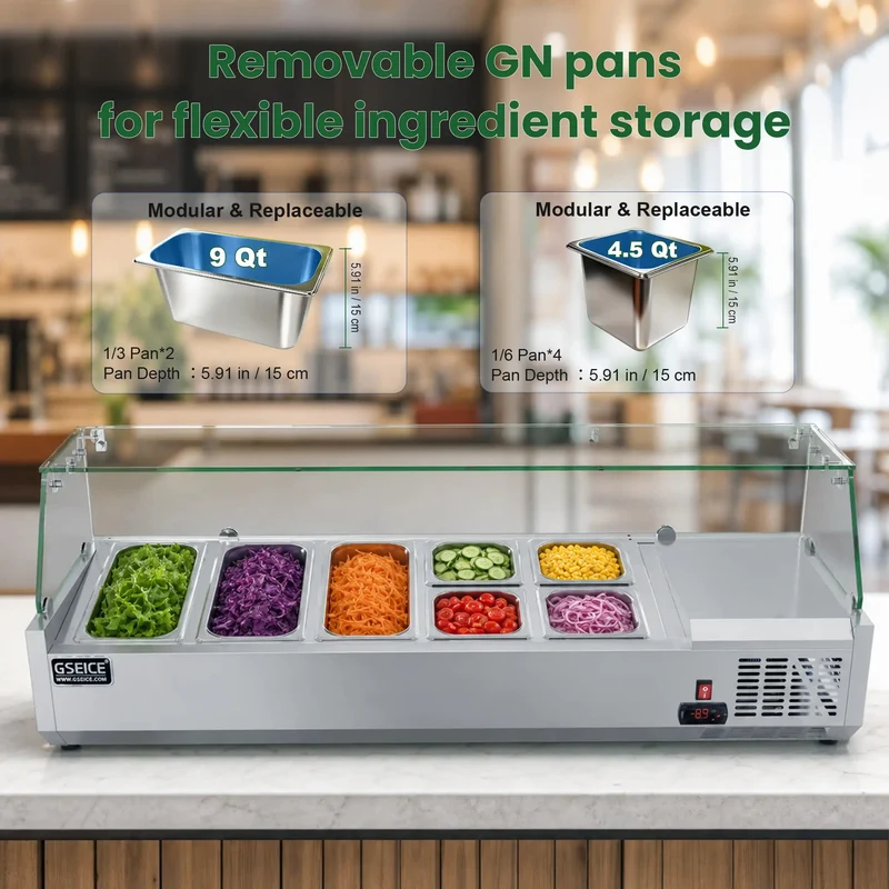 GSEICE Countertop Refrigerated Salad Prep Station, 304 Stainless Steel Topping Chiller with Tempered Glass Sneeze Guard & Removable GN Pans for Salad Bar Fruit Topping | VRX1400
