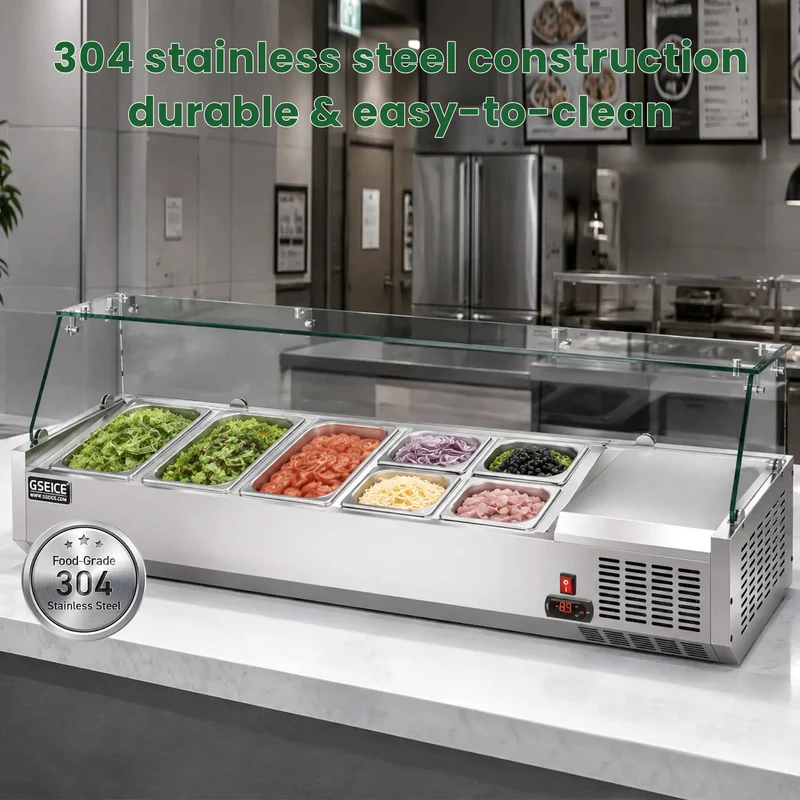 GSEICE Countertop Refrigerated Salad Prep Station, 304 Stainless Steel Topping Chiller with Tempered Glass Sneeze Guard & Removable GN Pans for Salad Bar Fruit Topping | VRX1400