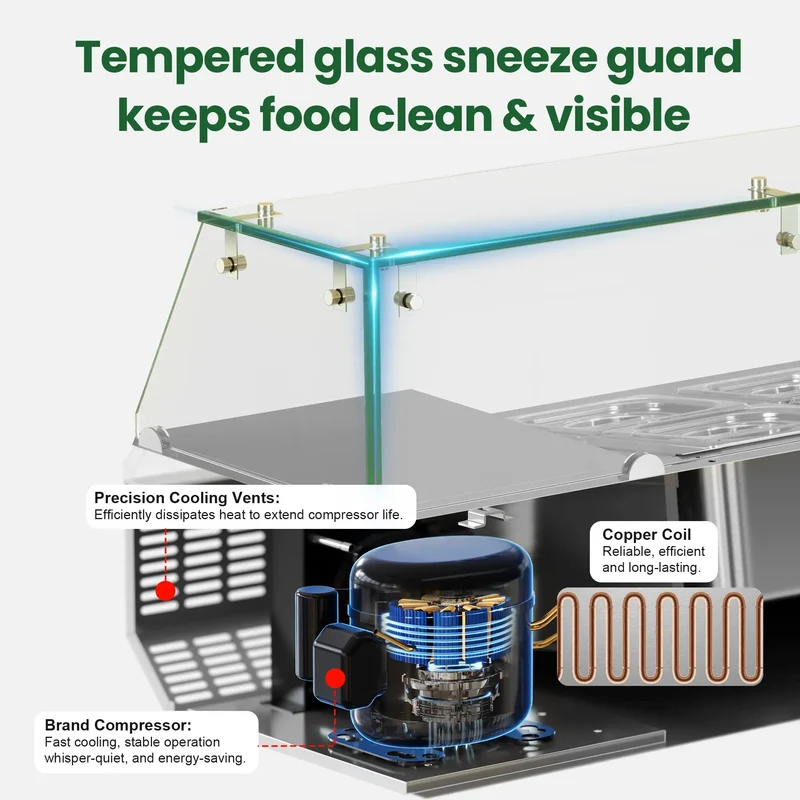 GSEICE Countertop Refrigerated Salad Prep Station, 304 Stainless Steel Topping Chiller with Tempered Glass Sneeze Guard & Removable GN Pans for Salad Bar Fruit Topping | VRX1400