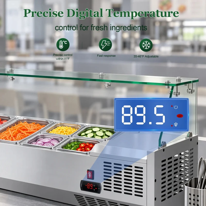 GSEICE Countertop Refrigerated Salad Prep Station, 304 Stainless Steel Topping Chiller with Tempered Glass Sneeze Guard & Removable GN Pans for Salad Bar Fruit Topping | VRX1400