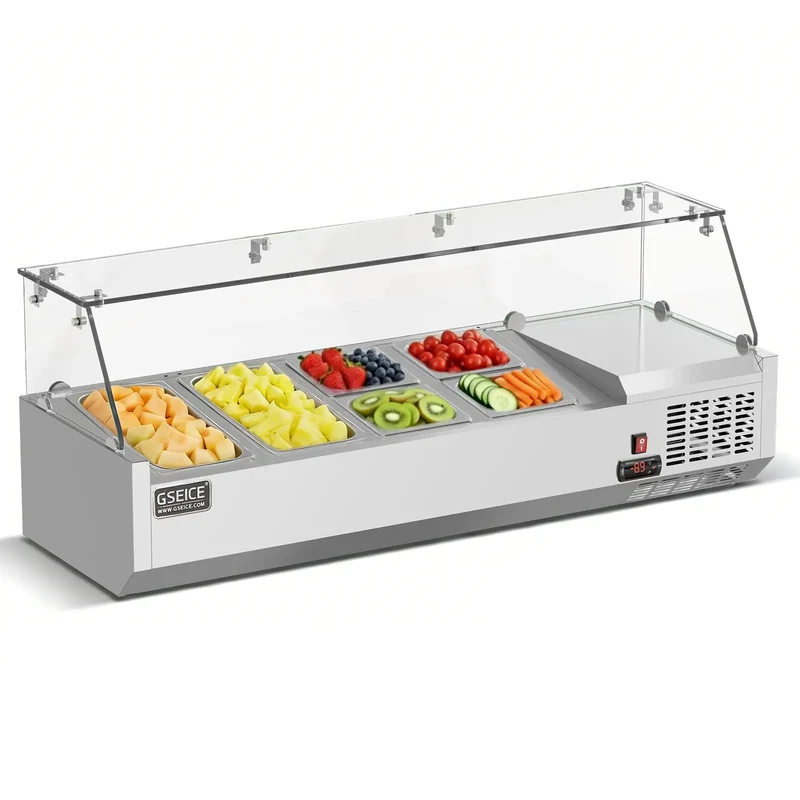 47-inch Countertop Refrigerated Prep Rail with Sneeze Guard, with 304 Stainless Steel Two 1/3 Pans & Four 1/6 Pans Refrigerated Condiment Prep Station, LED Display Sandwich & Salad & Pizza Bar, Glass Guard ETL | VRX1200