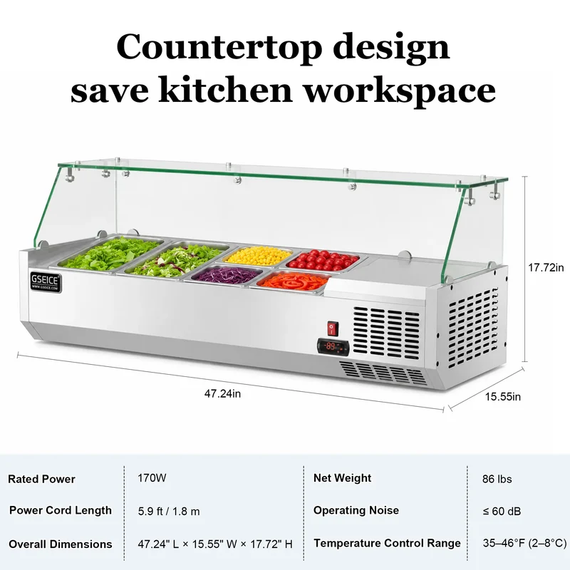 47-inch Countertop Refrigerated Prep Rail with Sneeze Guard, with 304 Stainless Steel Two 1/3 Pans & Four 1/6 Pans Refrigerated Condiment Prep Station, LED Display Sandwich & Salad & Pizza Bar, Glass Guard ETL | VRX1200
