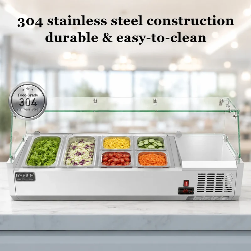 47-inch Countertop Refrigerated Prep Rail with Sneeze Guard, with 304 Stainless Steel Two 1/3 Pans & Four 1/6 Pans Refrigerated Condiment Prep Station, LED Display Sandwich & Salad & Pizza Bar, Glass Guard ETL | VRX1200