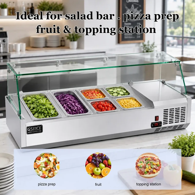 47-inch Countertop Refrigerated Prep Rail with Sneeze Guard, with 304 Stainless Steel Two 1/3 Pans & Four 1/6 Pans Refrigerated Condiment Prep Station, LED Display Sandwich & Salad & Pizza Bar, Glass Guard ETL | VRX1200