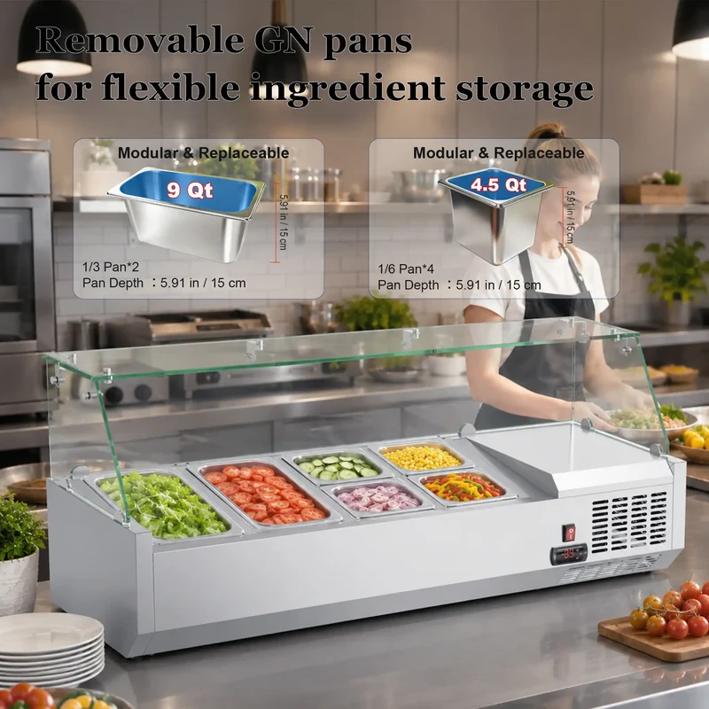 47-inch Countertop Refrigerated Prep Rail with Sneeze Guard, with 304 Stainless Steel Two 1/3 Pans & Four 1/6 Pans Refrigerated Condiment Prep Station, LED Display Sandwich & Salad & Pizza Bar, Glass Guard ETL | VRX1200