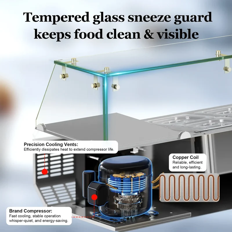 47-inch Countertop Refrigerated Prep Rail with Sneeze Guard, with 304 Stainless Steel Two 1/3 Pans & Four 1/6 Pans Refrigerated Condiment Prep Station, LED Display Sandwich & Salad & Pizza Bar, Glass Guard ETL | VRX1200
