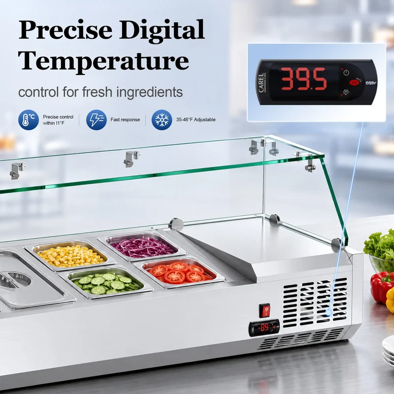 47-inch Countertop Refrigerated Prep Rail with Sneeze Guard, with 304 Stainless Steel Two 1/3 Pans & Four 1/6 Pans Refrigerated Condiment Prep Station, LED Display Sandwich & Salad & Pizza Bar, Glass Guard ETL | VRX1200