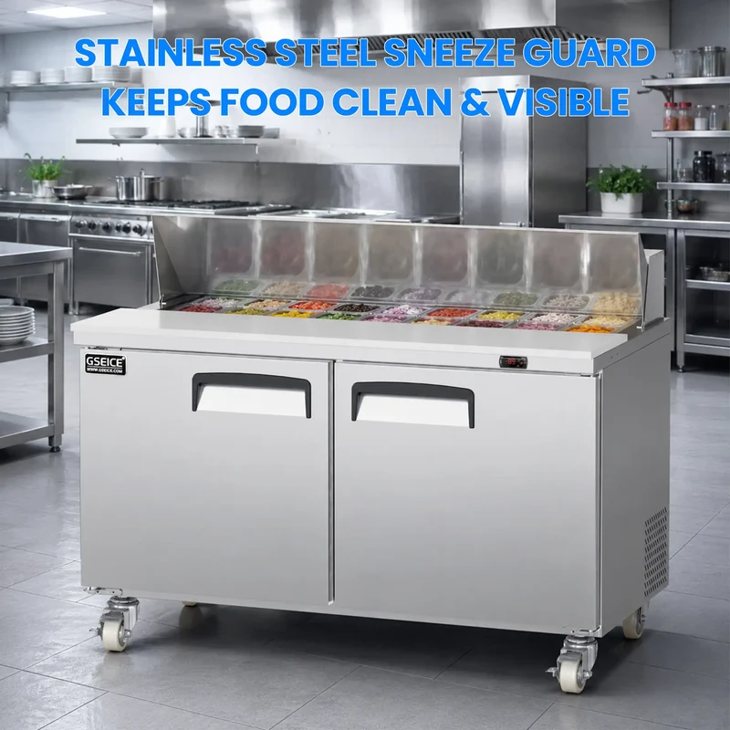 GSEICE Commercial Pizza Prep Station, 304 Stainless Steel Sandwich Prep Table with GN Topping Pans, Lockable Casters & Large Under‑Counter Cold Storage | TSP59FC-2