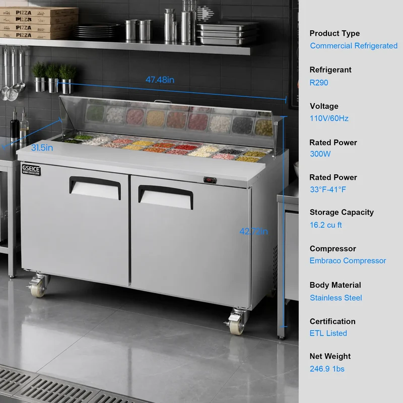 GSEICE Commercial Pizza Prep Station, 304 Stainless Steel Sandwich Prep Table with GN Topping Pans, Lockable Casters & Large Under‑Counter Cold Storage | TSP59FC-2
