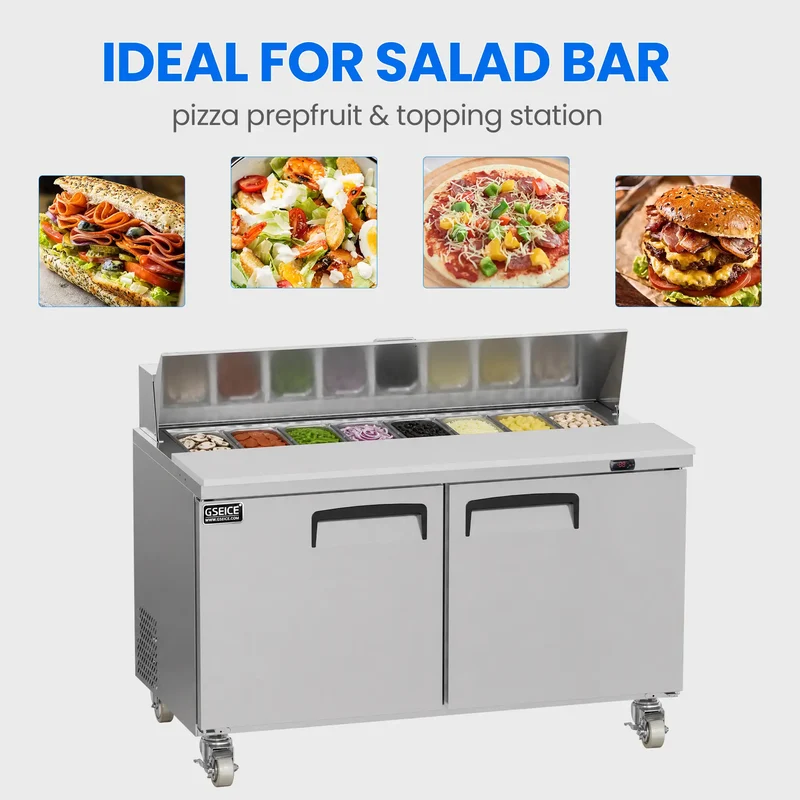 GSEICE Commercial Pizza Prep Station, 304 Stainless Steel Sandwich Prep Table with GN Topping Pans, Lockable Casters & Large Under‑Counter Cold Storage | TSP59FC-2