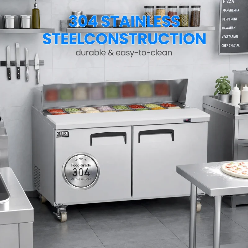 GSEICE Commercial Pizza Prep Station, 304 Stainless Steel Sandwich Prep Table with GN Topping Pans, Lockable Casters & Large Under‑Counter Cold Storage | TSP59FC-2