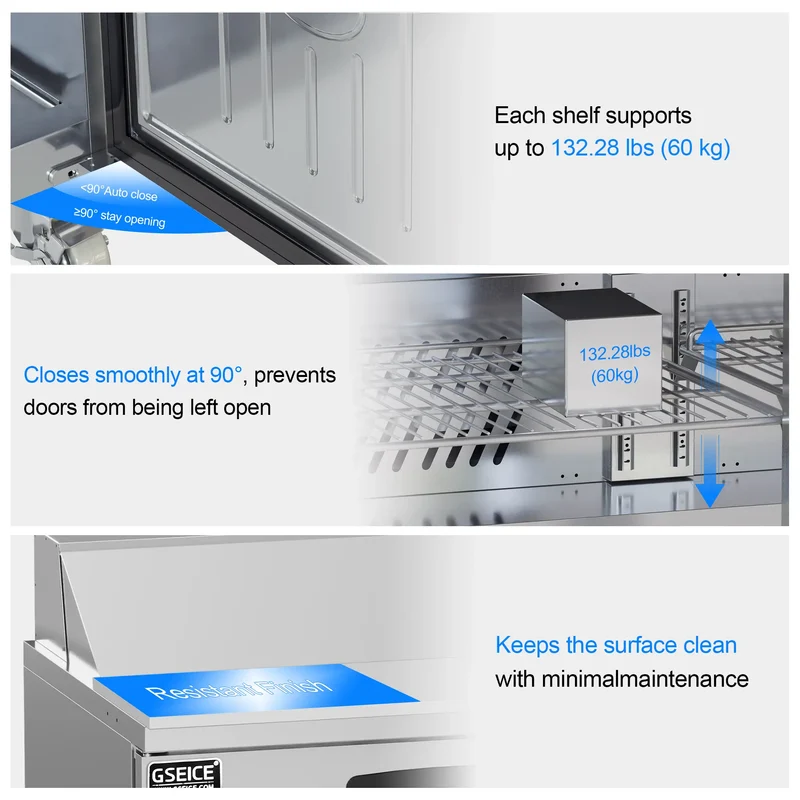 GSEICE Commercial Pizza Prep Station, 304 Stainless Steel Sandwich Prep Table with GN Topping Pans, Lockable Casters & Large Under‑Counter Cold Storage | TSP59FC-2