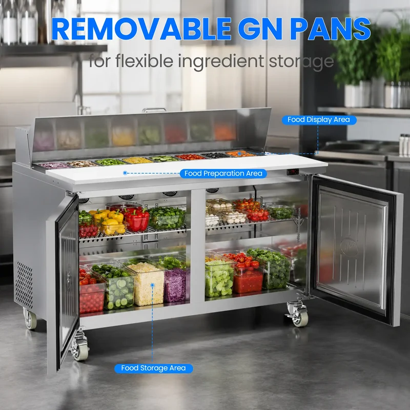 GSEICE Commercial Pizza Prep Station, 304 Stainless Steel Sandwich Prep Table with GN Topping Pans, Lockable Casters & Large Under‑Counter Cold Storage | TSP59FC-2