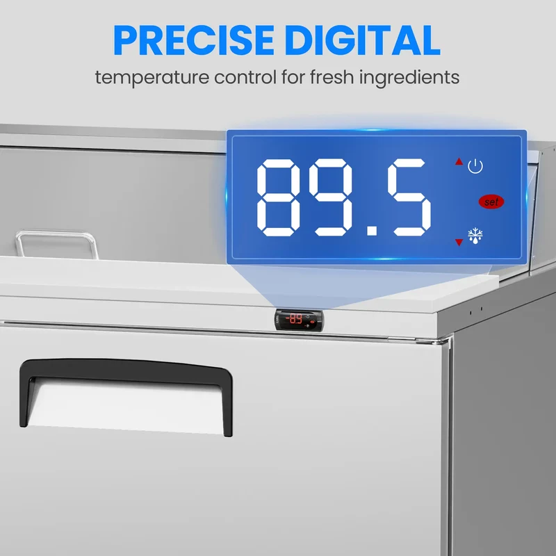 GSEICE Commercial Pizza Prep Station, 304 Stainless Steel Sandwich Prep Table with GN Topping Pans, Lockable Casters & Large Under‑Counter Cold Storage | TSP59FC-2