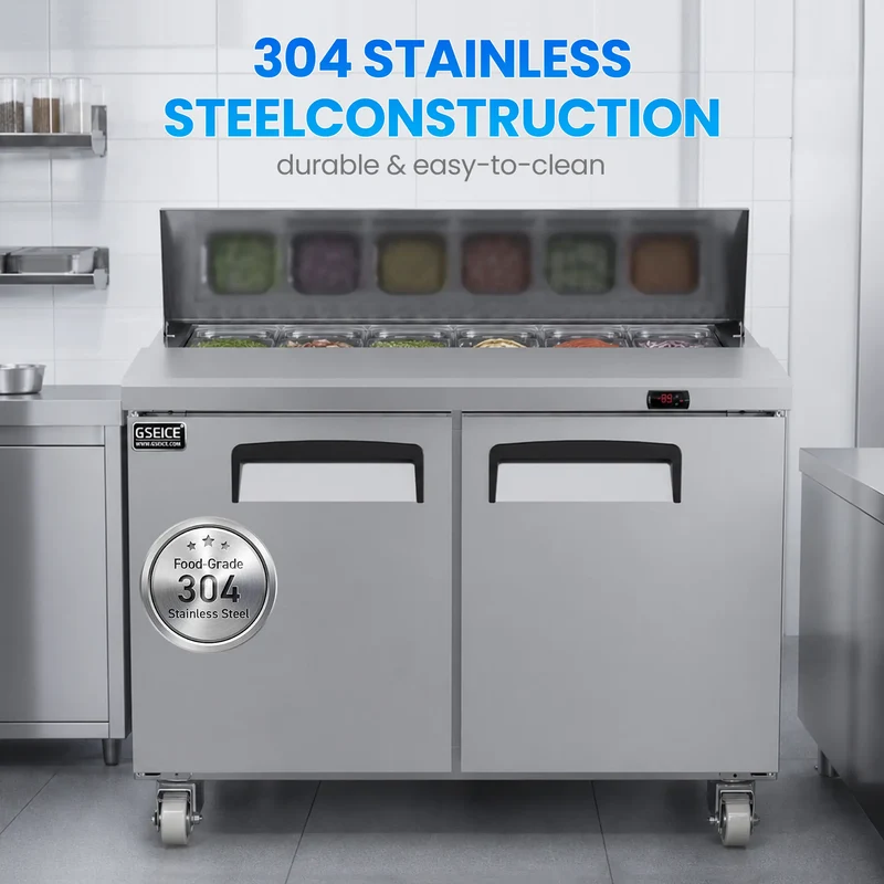 47" W Commercial Refrigerator Prep Table, 12.71 Cu.Ft Stainless Steel Sandwich/Salad Prep Table with Refrigerated Base, 2 Door Refrigerated Prep Station with Cutting Board&12 Pans | TSP47FC-2