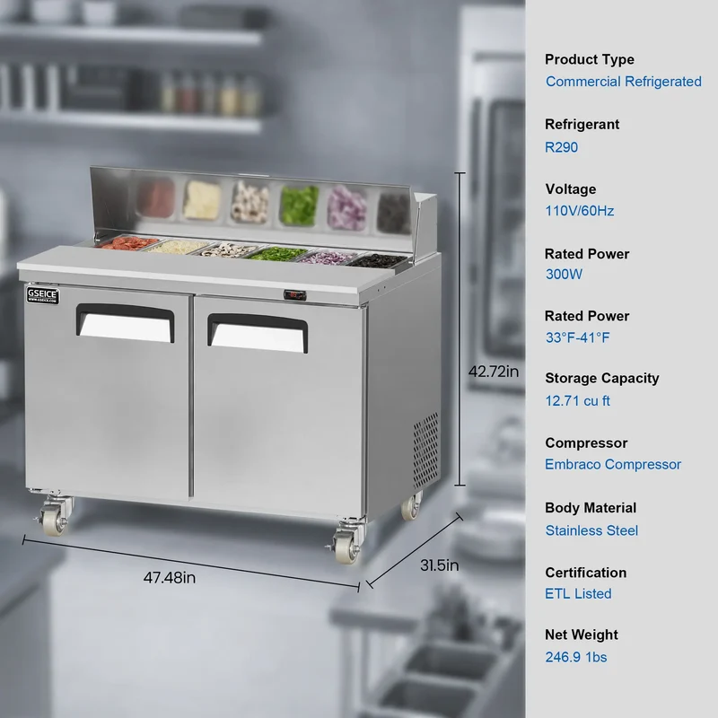 47" W Commercial Refrigerator Prep Table, 12.71 Cu.Ft Stainless Steel Sandwich/Salad Prep Table with Refrigerated Base, 2 Door Refrigerated Prep Station with Cutting Board&12 Pans | TSP47FC-2