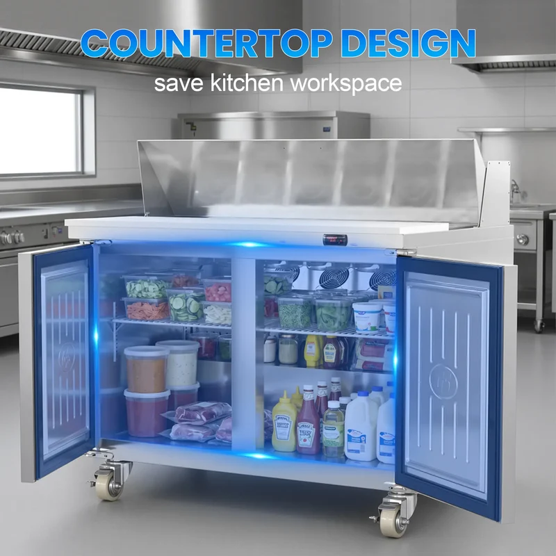 47" W Commercial Refrigerator Prep Table, 12.71 Cu.Ft Stainless Steel Sandwich/Salad Prep Table with Refrigerated Base, 2 Door Refrigerated Prep Station with Cutting Board&12 Pans | TSP47FC-2