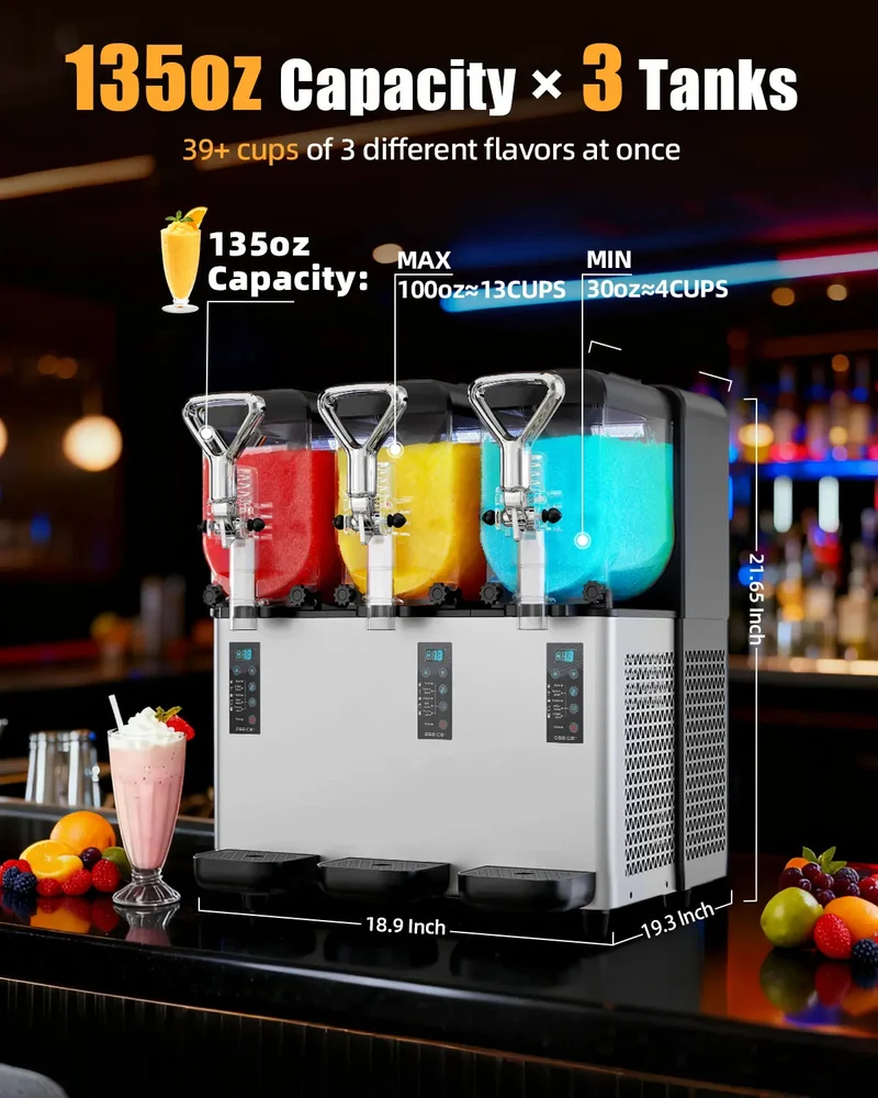 5-in-1 Commercial Slushy Machine, 3x1.05Gal Margarita Machine for Slush, Cocktails, Frappe, Milkshake, Juice