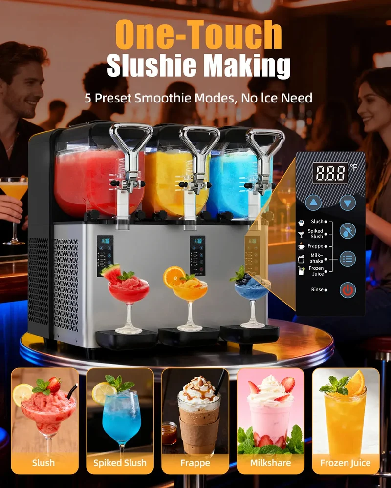 5-in-1 Commercial Slushy Machine, 3x1.05Gal Margarita Machine for Slush, Cocktails, Frappe, Milkshake, Juice