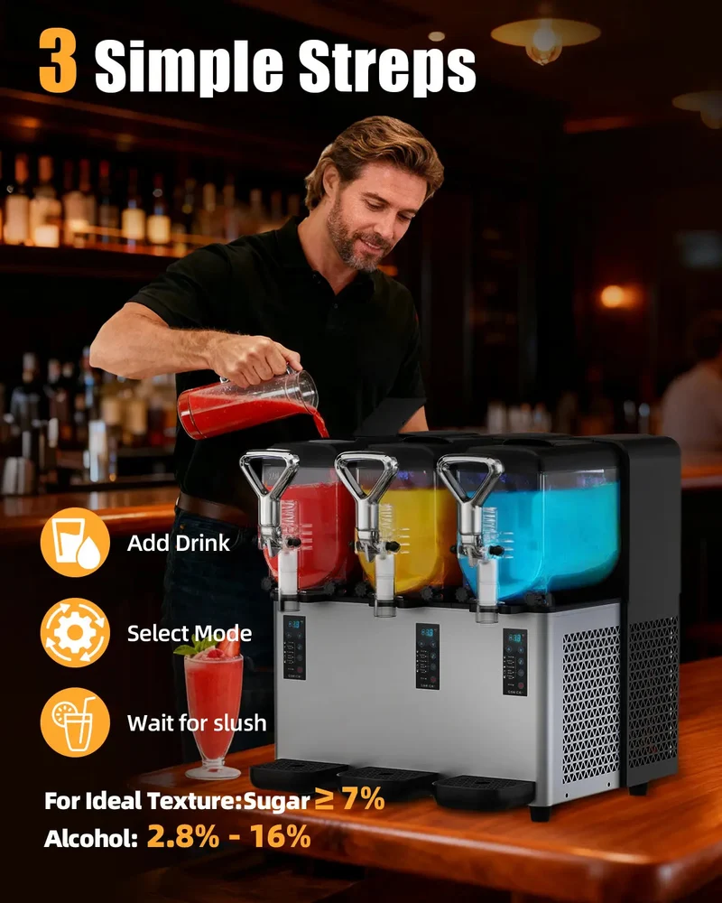 5-in-1 Commercial Slushy Machine, 3x1.05Gal Margarita Machine for Slush, Cocktails, Frappe, Milkshake, Juice