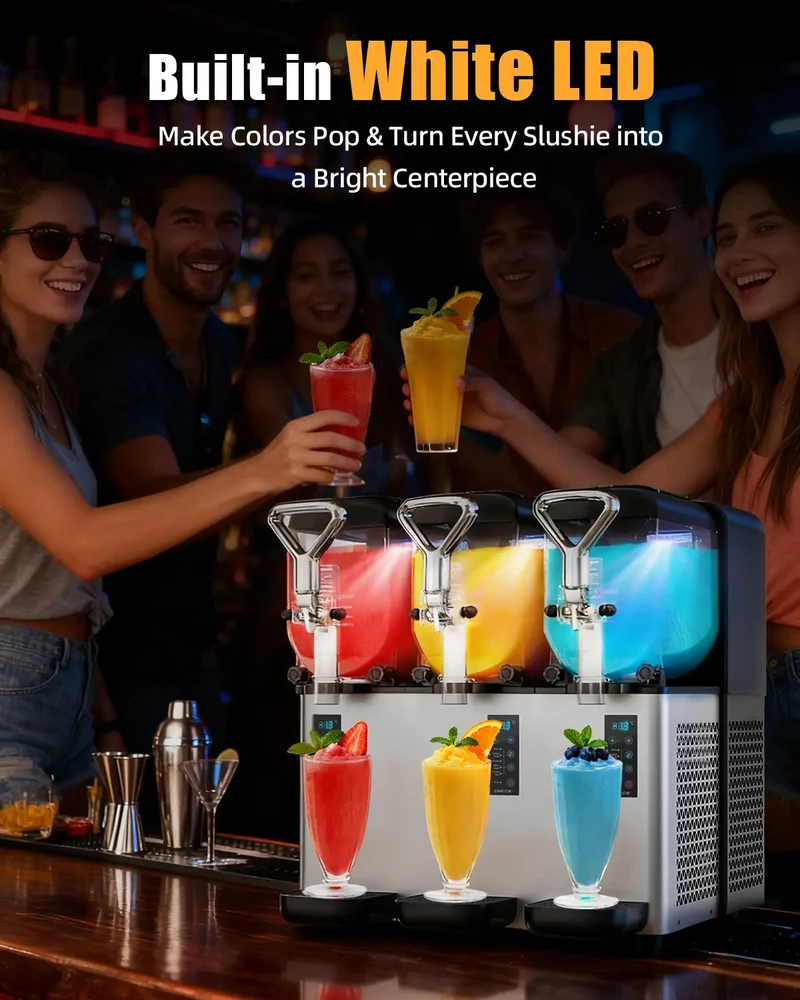 5-in-1 Commercial Slushy Machine, 3x1.05Gal Margarita Machine for Slush, Cocktails, Frappe, Milkshake, Juice