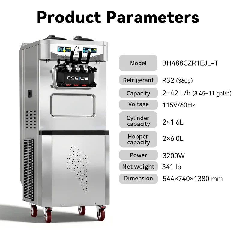 Air-cooled Commercial Ice Cream Maker, 3200W Free-Standing Soft Ice Cream Machine | BH488C