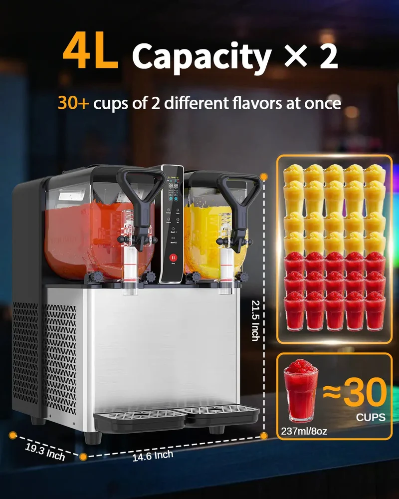 Fast-Cooling Slushy Machine, 2x1.05Gal/3x1.05Gal Frozen Drink machine for Cocktails and Juice Drinks- No Ice Needed, Margarita Maker with Easy-Clean Food-Grade PC Containers for Parties | RLC4*2/RLC4*3