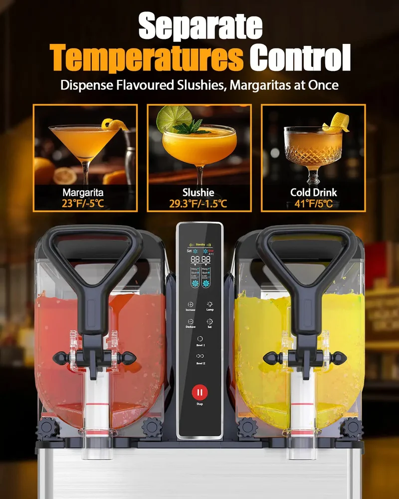 Fast-Cooling Slushy Machine, 2x1.05Gal/3x1.05Gal Frozen Drink machine for Cocktails and Juice Drinks- No Ice Needed, Margarita Maker with Easy-Clean Food-Grade PC Containers for Parties | RLC4*2/RLC4*3