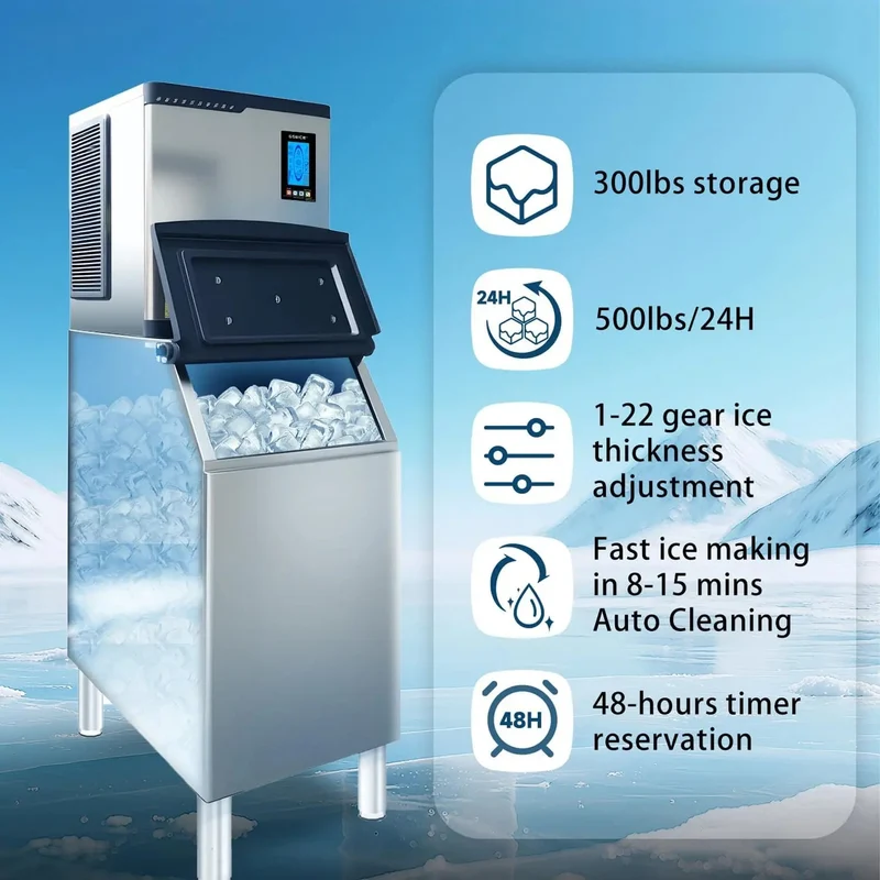 GSEICE BF400 Commercial Ice Machines 500lbs/24H with 300lbs Ice bin, ETL Industrial Cube Ice Maker Machine, Powerful Compressor, Timer&Self-Cleaning, DOE&CEC Energy-efficient