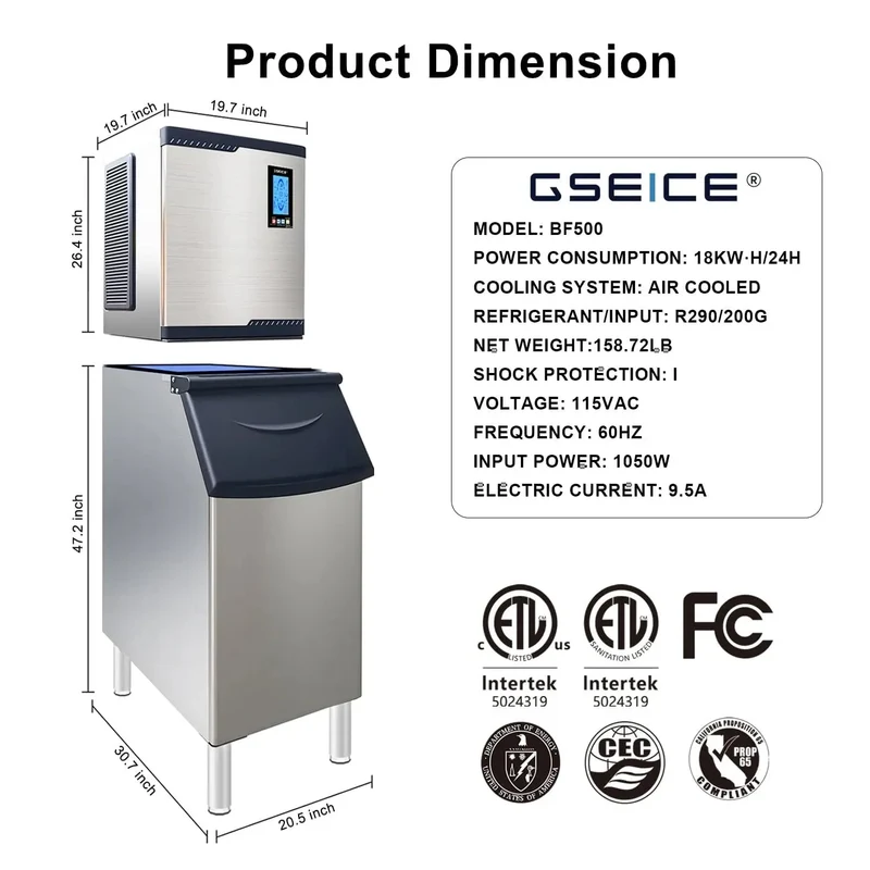 GSEICE BF500 Commercial Ice Maker Machine for Southern Restaurant, ETL Ice Machine for Hotel, Ice Maker for Bar Cafe Shop Chains, 650lbs/24H, 350lbs Ice Storage, DOE&CEC Energy-efficient,48 Hours Timer, Self-Cleaning