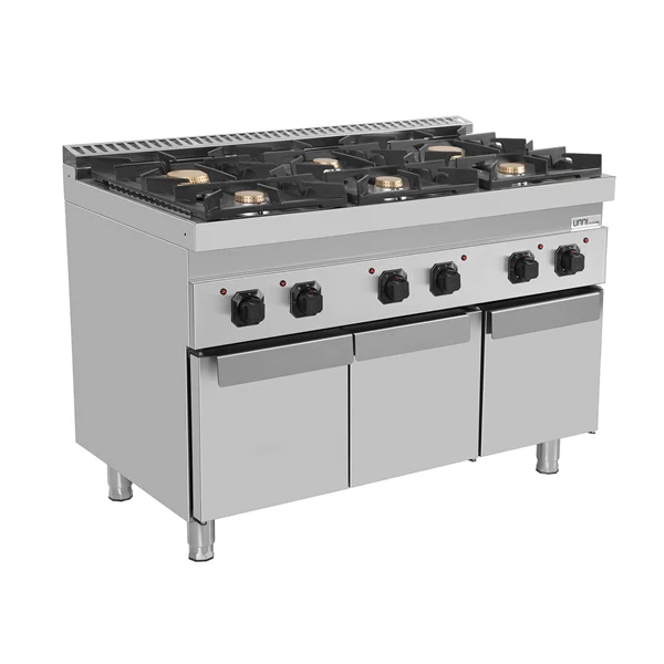 Fourneau gaz sur meuble avec portes 6 feux vifs - 44 kW - L 1200 x P 700 x H 850 mm - Unninox