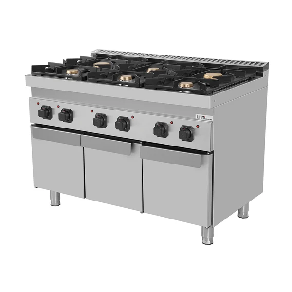 Fourneau gaz sur meuble avec portes 6 feux vifs - 44 kW - L 1200 x P 700 x H 850 mm - Unninox