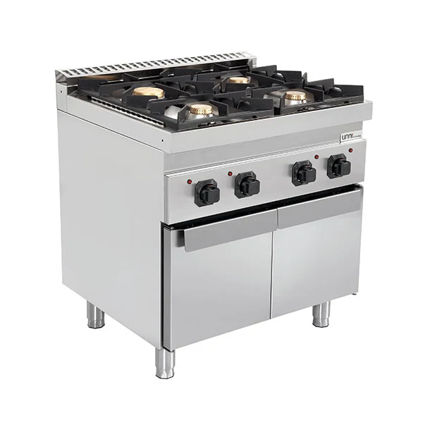 Fourneau gaz sur meuble avec portes 4 feux vifs - 28,5 kW - L 800 x P 700 x H 850 mm - Unninox