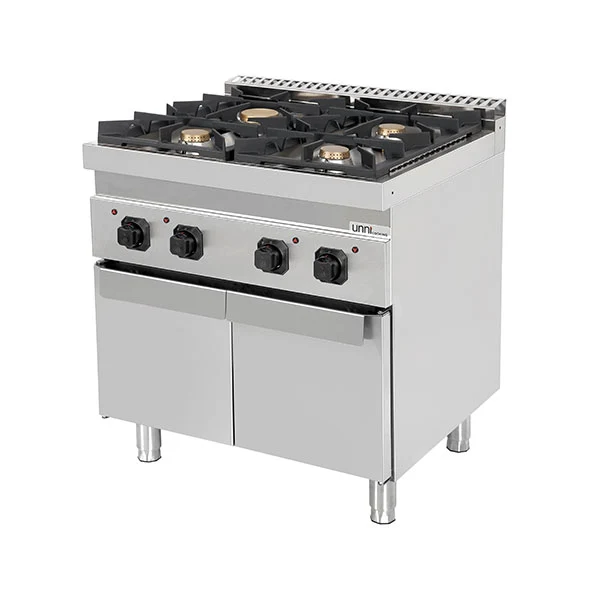 Fourneau gaz sur meuble avec portes 4 feux vifs - 28,5 kW - L 800 x P 700 x H 850 mm - Unninox
