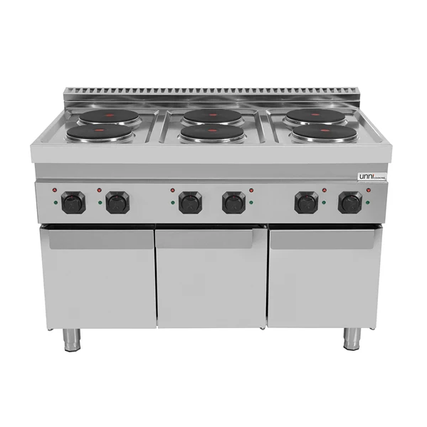 Fourneau électrique sur meuble avec portes 6 plaques fonte - 15,6 kW - 400 V - L 1200 x P 700 x H 850 mm - Unninox