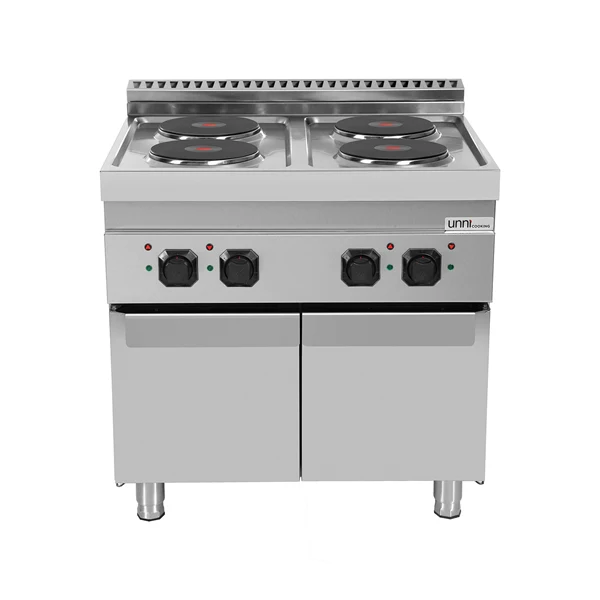 Fourneau électrique sur meuble avec portes 4 plaques fonte - 10,4 kW - 400 V - L 800 x P 700 x H 850 mm - Unninox