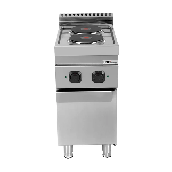 Fourneau électrique sur meuble avec portes 2 plaques fonte - 5,2 kW - 400 V - L 400 x P 700 x H 850 mm - Unninox