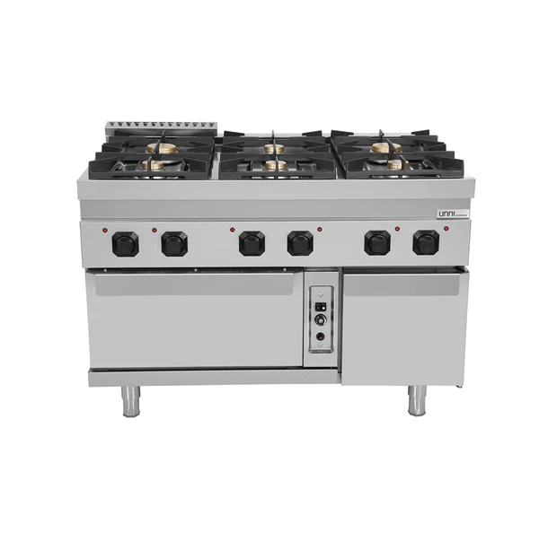 Fourneau gaz 6 feux vifs sur four gaz statique GN 2/1 - L 1200 x P 700 x H 850 mm - Unninox