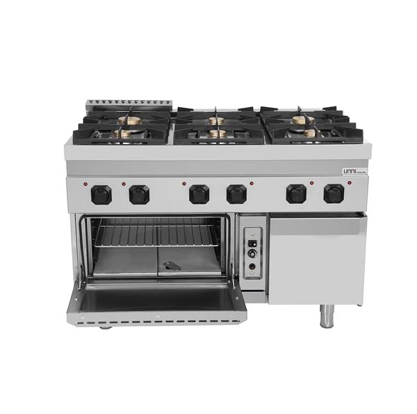 Fourneau gaz 6 feux vifs sur four gaz statique GN 2/1 - L 1200 x P 700 x H 850 mm - Unninox