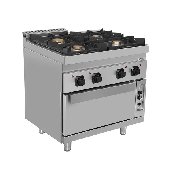 Fourneau gaz 4 feux vifs sur four gaz statique GN 2/1 - L 800 x P 700 x H 850 mm - Unninox