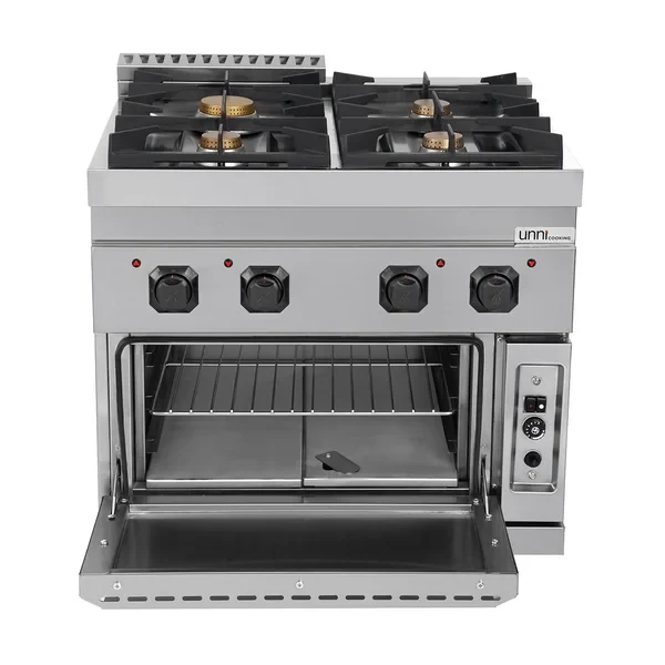 Fourneau gaz 4 feux vifs sur four gaz statique GN 2/1 - L 800 x P 700 x H 850 mm - Unninox